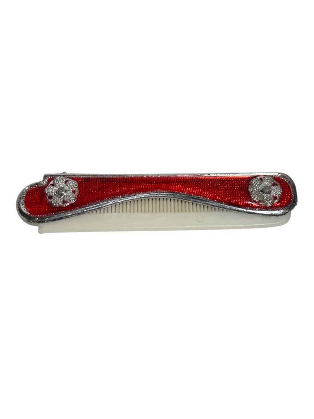 Vintage Folding Hair Comb With Red Floral Accents Pocket Sized